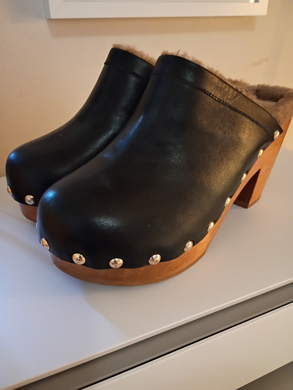 beek Black Leather Studded Clog Mules with Wood Platform